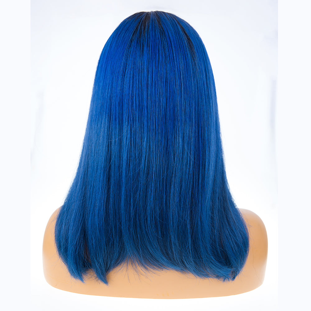Peruvian Hair Blue With Black Root Color Straight Full Lace Wig Lux