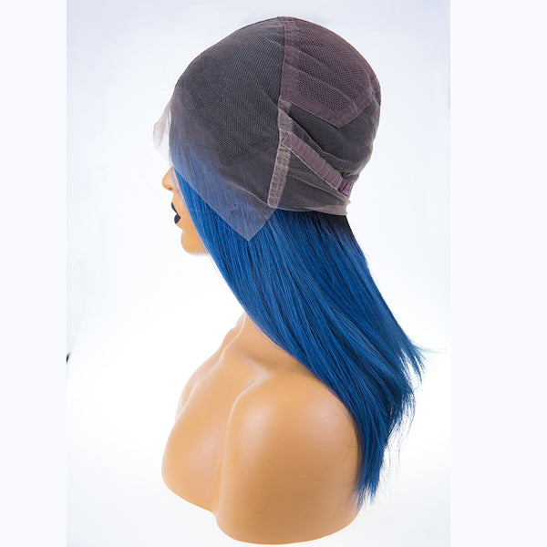 Peruvian Hair Blue With Black Root Color Straight Full Lace Wig
