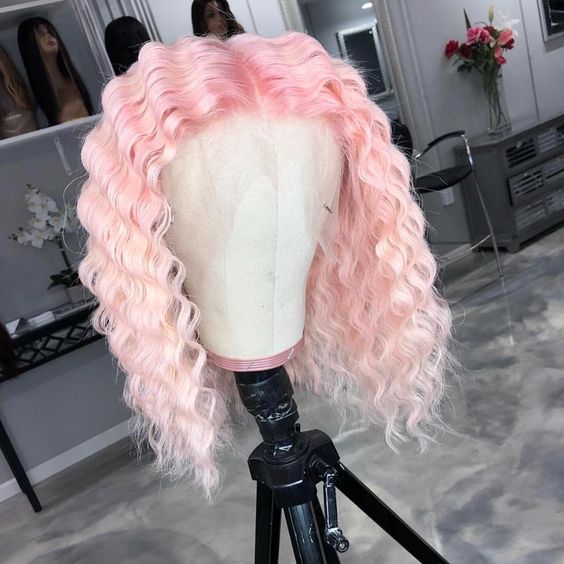 Peruvian Hair Light Pink Color Deep Wavy Lace Front Wig