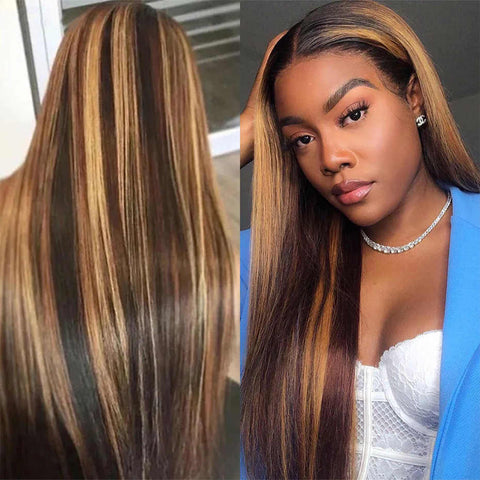 Peruvian Hair Ombre Color Black and Blond Straight Lace Front Wig