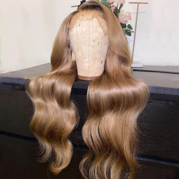 Peruvian Hair Dark Blond with Black Root Body Wavy 5*5 Transparent Lace Closure Wig