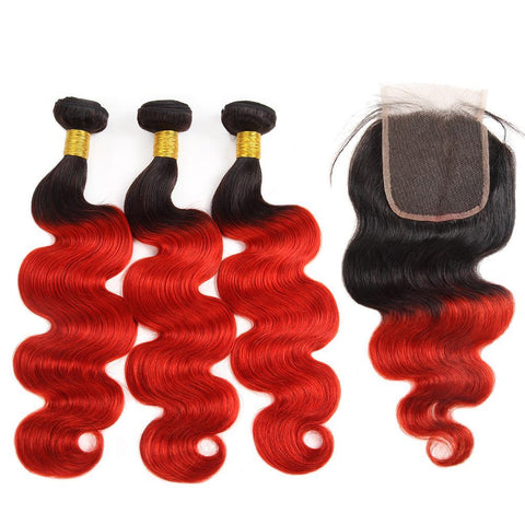 Peruvian Hair Three Weft With One Closure Body Wave red