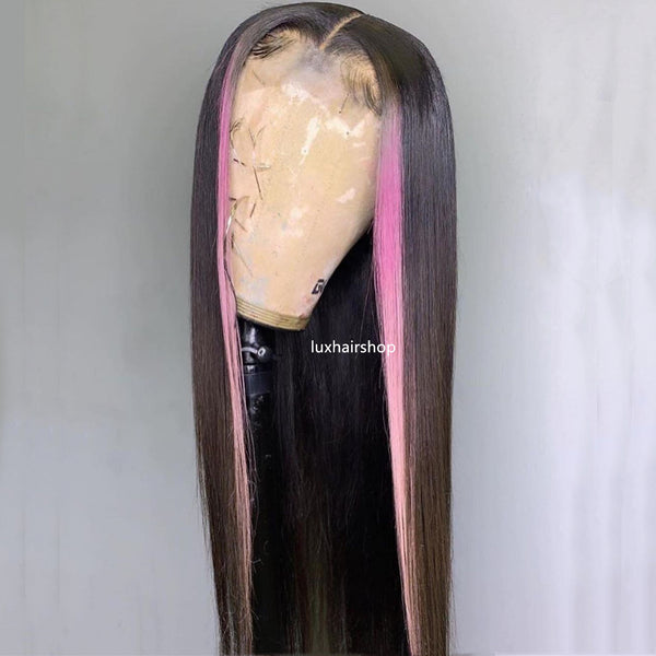 Peruvian Hair Black with Pink Color Highlights Straight HD Transparent Lace Closure Wig