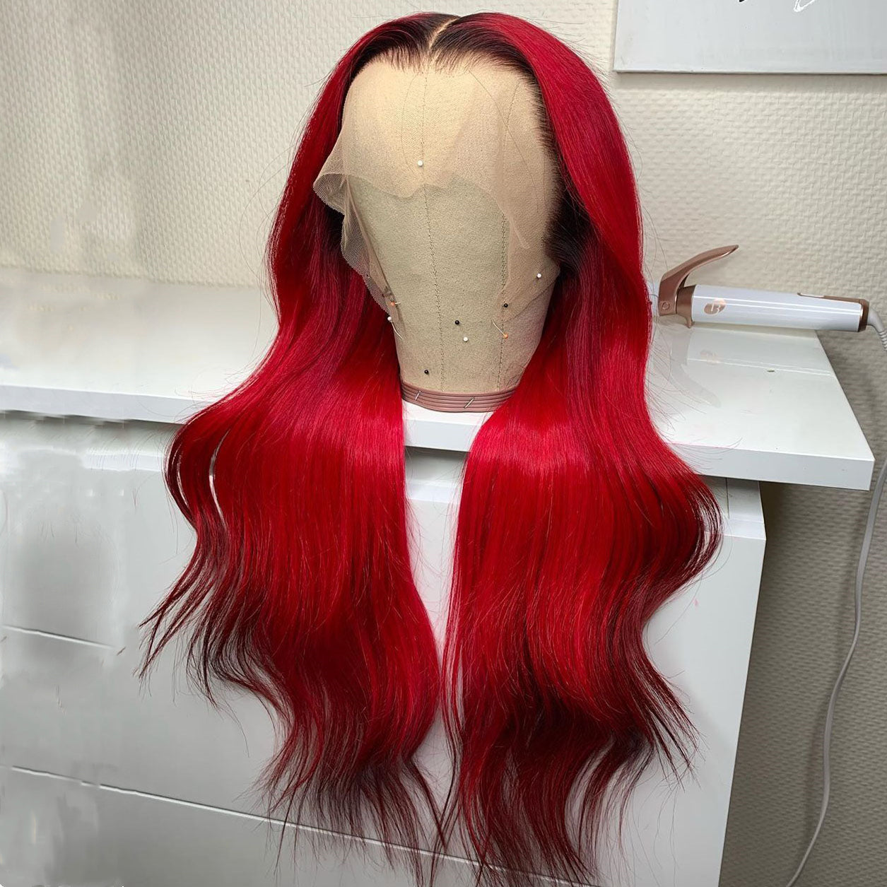 Peruvian Hair Lace Front Wig Red with Black Root Color Body Wavy Short Style