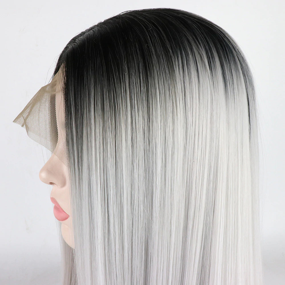 Gray wig with black roots - grey wig medium length Ombre Silver Grey Wig with Dark Roots Body Wave Lace Front  main image 2