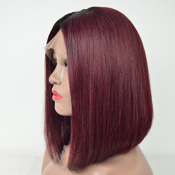 Peruvian Hair Straight Lace Front Bob Wig Burgundy With Root Black Color