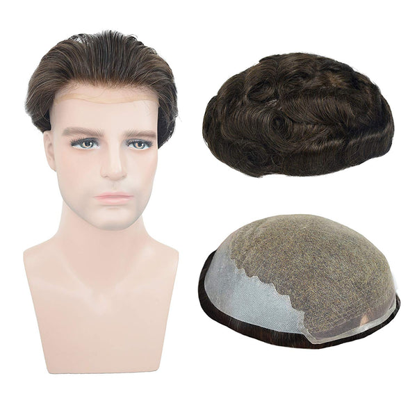 European Virgin Human Hair Dark Brown Man Toupee Soft French Lace with 2 inch clearly PU in Back