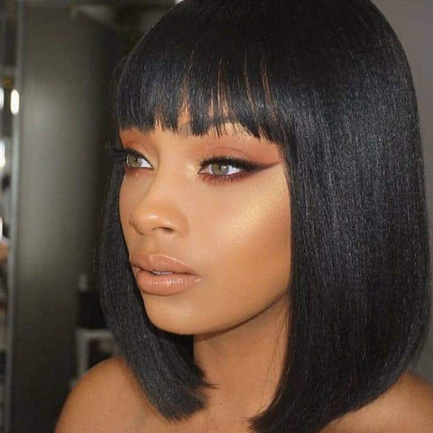 Peruvian Hair Black Color Straight With Bangs Lace Front Bob Wig