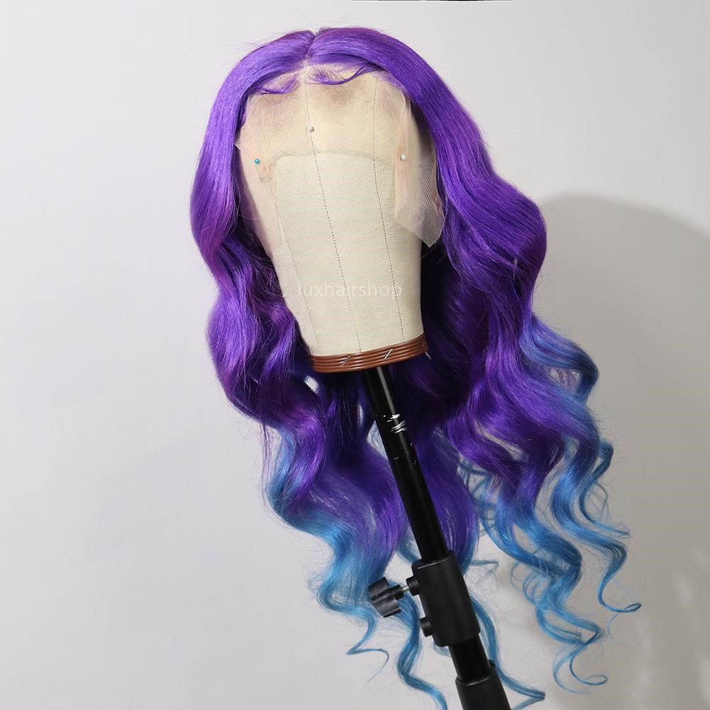 Peruvian Hair Gradient Color Purple With Light Blue Body Wave Lace Front Wig
