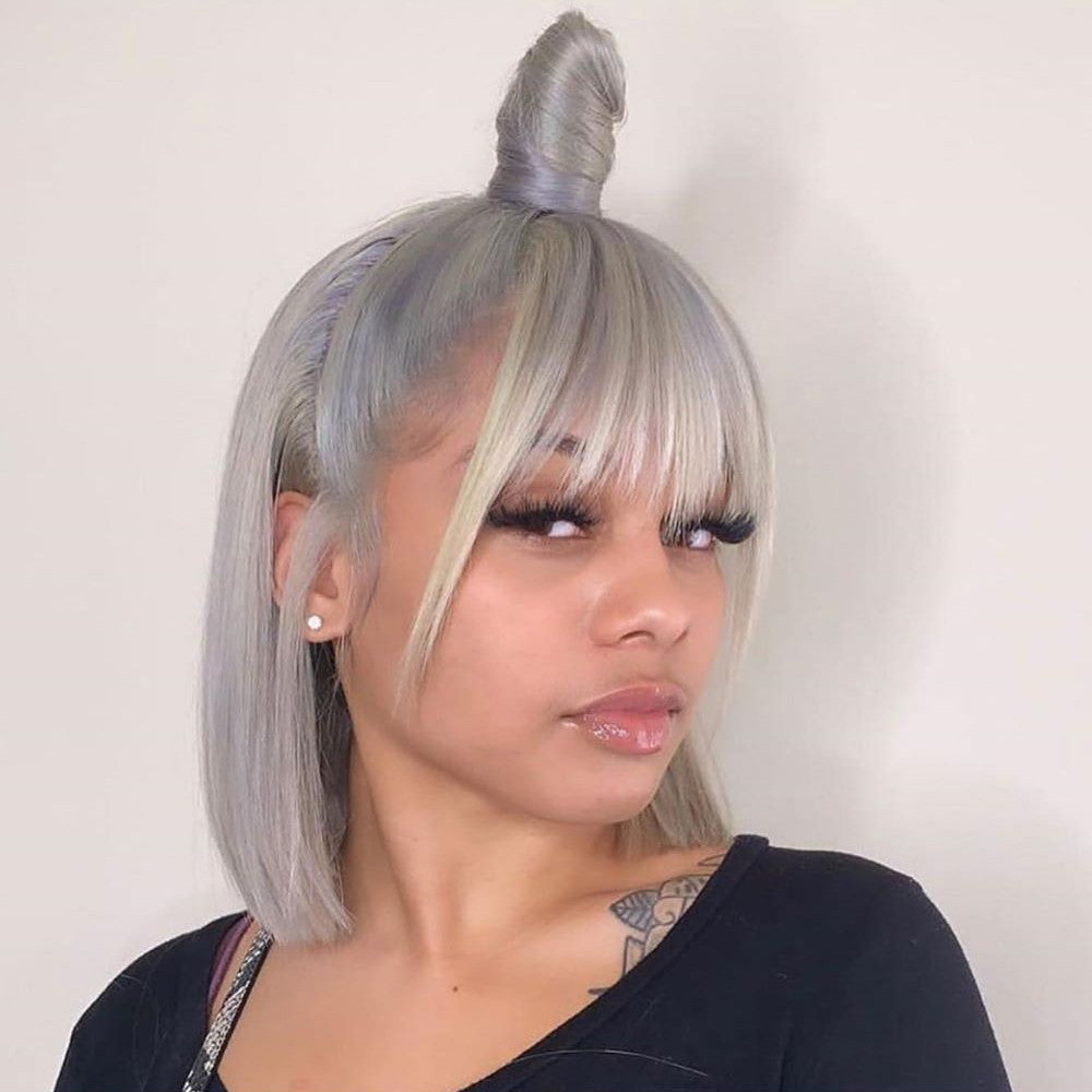 Peruvian Hair Silver Color Straight Lace Front Bob Wig With Bangs