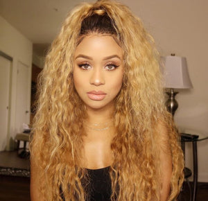 Peruvian Hair Blond With Black Root Color Fashion Lace Front Wig Curly