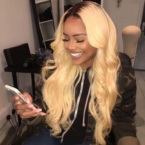 Peruvian Hair Blond With Black Root Color Body wavy Full Lace Wig