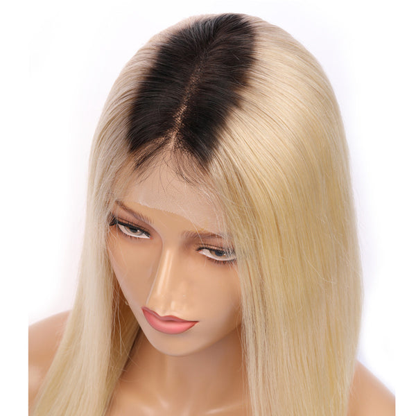 Peruvian Hair Light Blond With Black Root Straight Lace Front Bob Wig