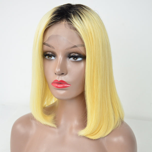 Peruvian Hair Blond With Black Root Color Straight Lace Front Bob Wig