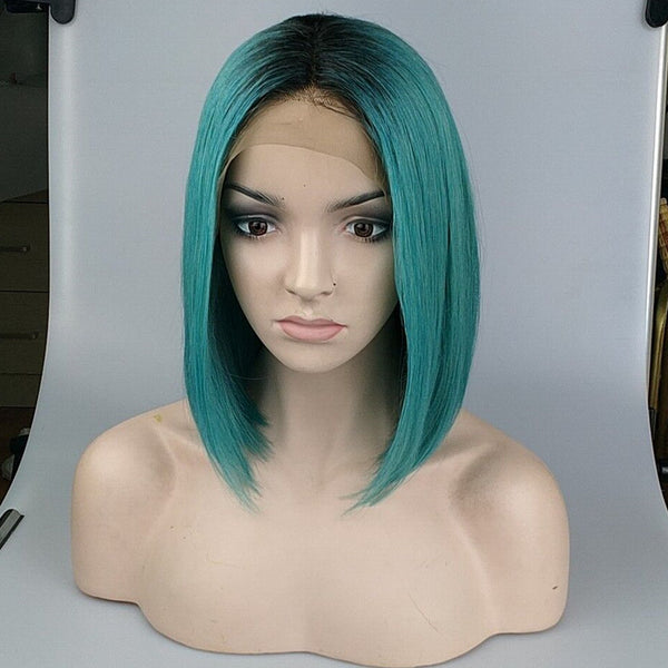 Peruvian Hair Blue Green With Black Root Straight Lace Front Bob Wig