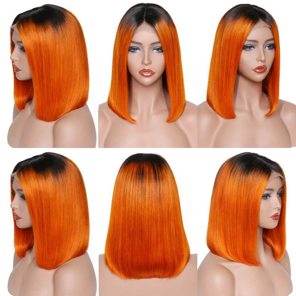 Peruvian Hair Orange With Black Root Color Straight Lace Front Bob Wig