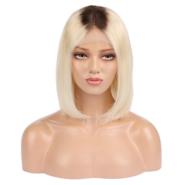 Peruvian Hair Light Blond With Black Root Straight Lace Front Bob Wig