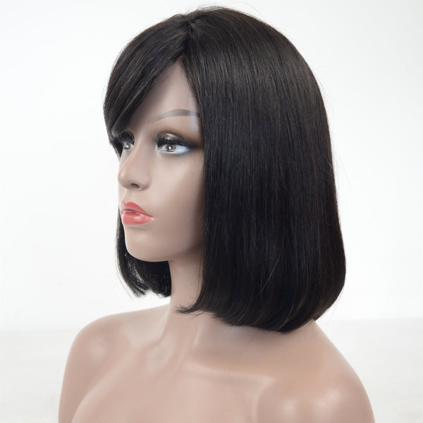 Peruvian Hair Black Color Straight With Bangs Lace Front Bob Wig
