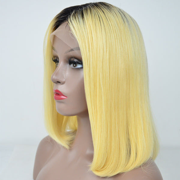Cute Yellow color Straight Short Lace Front Bob Wig