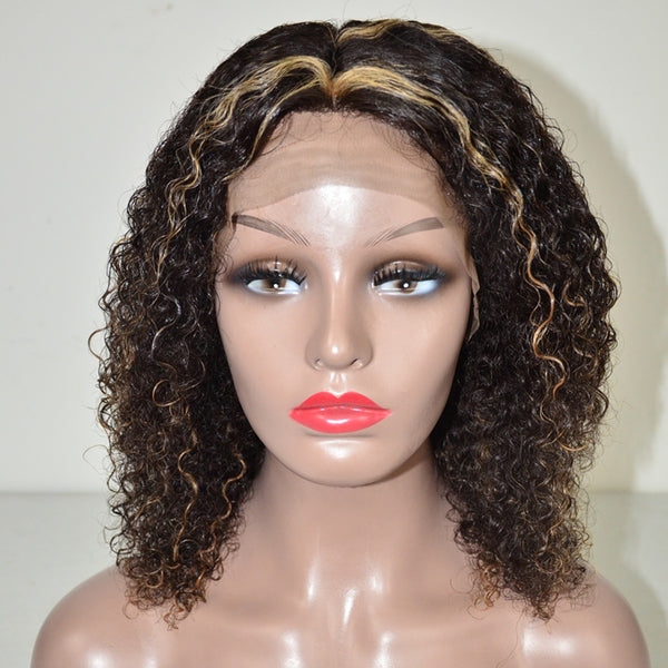 Peruvian Hair Curly Lace Front Wig Natural Color Mix Blond