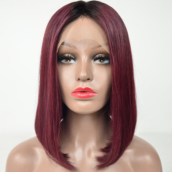 Peruvian Hair Burgundy With Black Root Color Bob Wig Straight