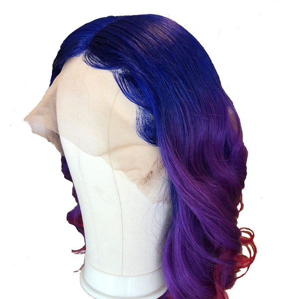 Peruvian Hair Blue And Purple And Red Ombre Color Fashion Body Wavy Full Lace Wig