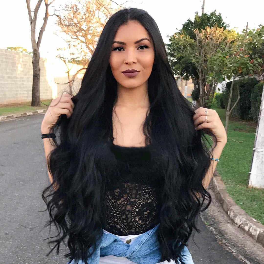 Brazilian Hair Natural Wavy Long Hair Lace Front Wig Black Color