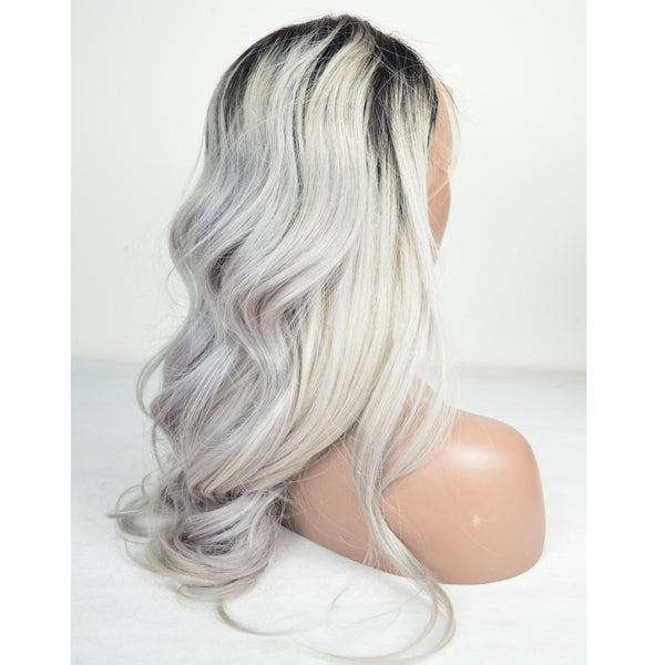 Peruvian Hair Grey With Black Root Color Body wavy Lace Front Wig