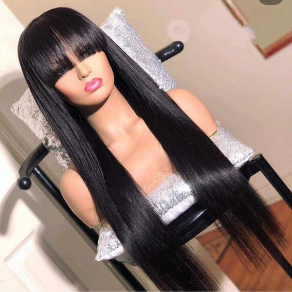 Peruvian Hair Black Color Straight With Bangs Lace Front Wig