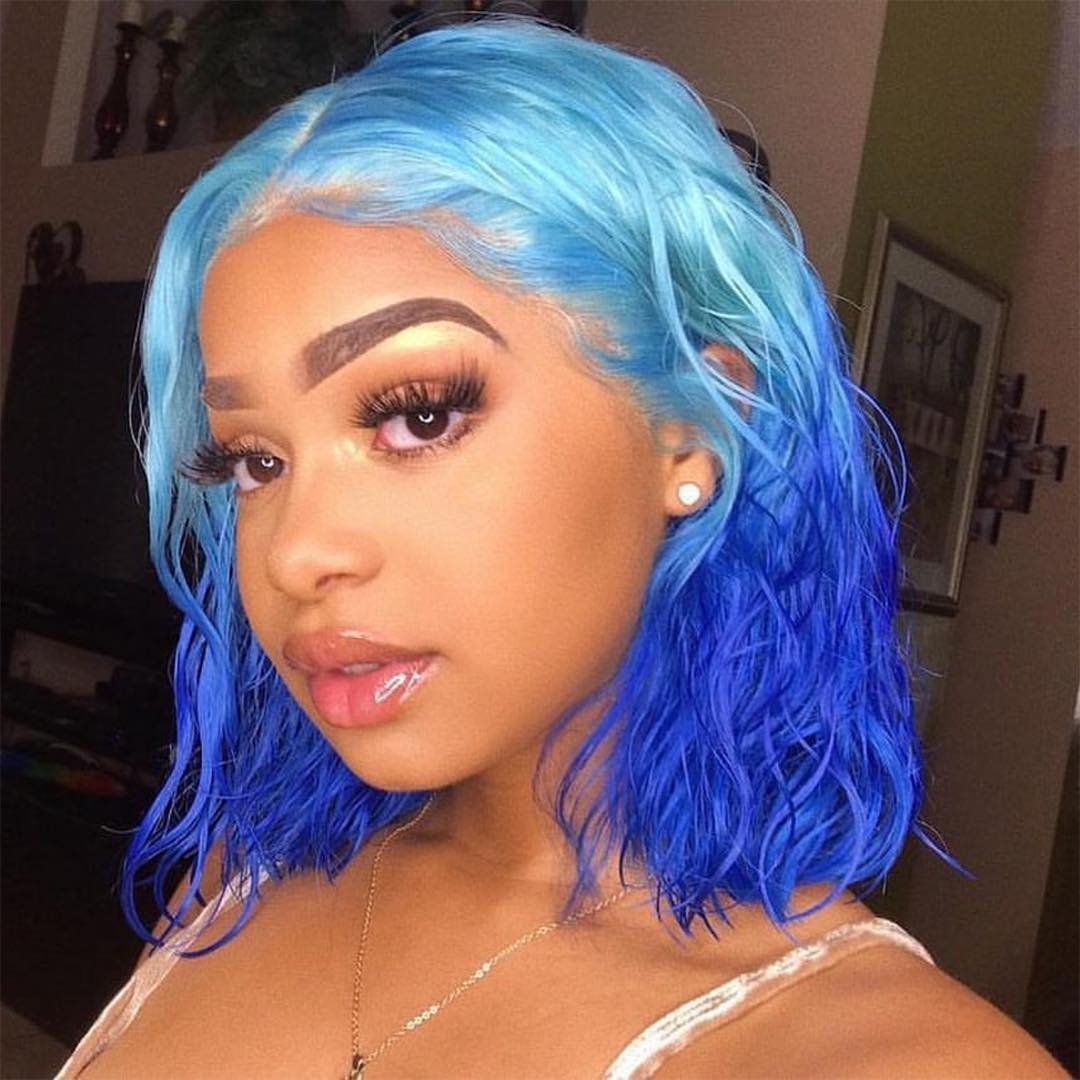 Gradient Sky Blue With Blue Color Slight Wavy Lace Front Bob Wig