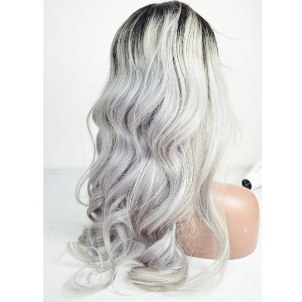 100% human hair Silver & Black Root Color Body Wavy  wig