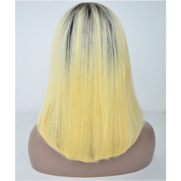 Peruvian Hair Blond With Black Root Color Straight Lace Front Bob Wig