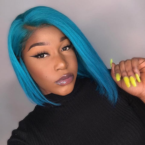 Peruvian Hair Blue Color Straight Lace Front Bob Wig