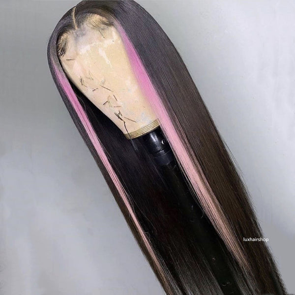 Peruvian Hair Black with Pink Color Highlights Straight HD Transparent Lace Closure Wig