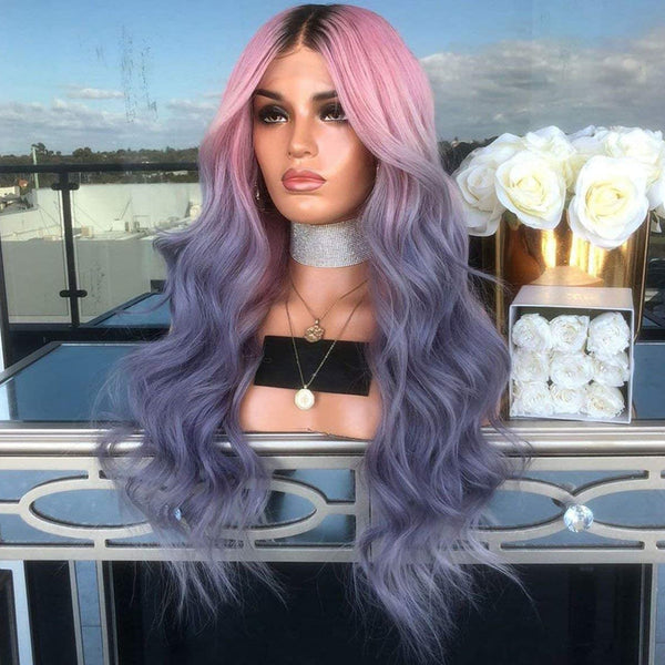 Peruvian Hair Ombre Pink Purple with Black Root Body Wavy Lace Front Wig