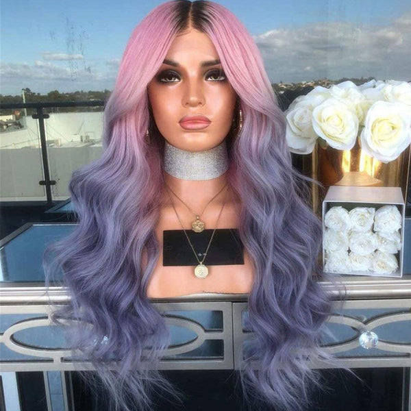 Peruvian Hair Ombre Pink Purple with Black Root Body Wavy Lace Front Wig