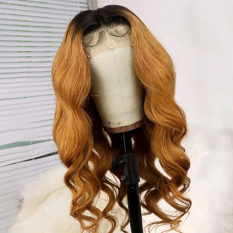 Light Brown With Black Root Body Wavy Lace Front Wig