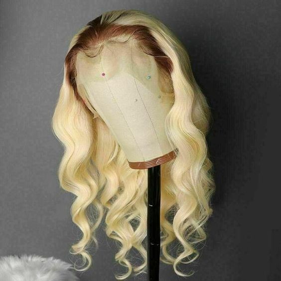 Peruvian Hair Body Wavy Blond with Brown Root Color Full Lace Wig