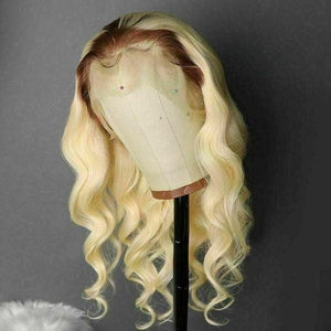 Peruvian Hair Body Wavy Blond with Brown Root Color Full Lace Wig