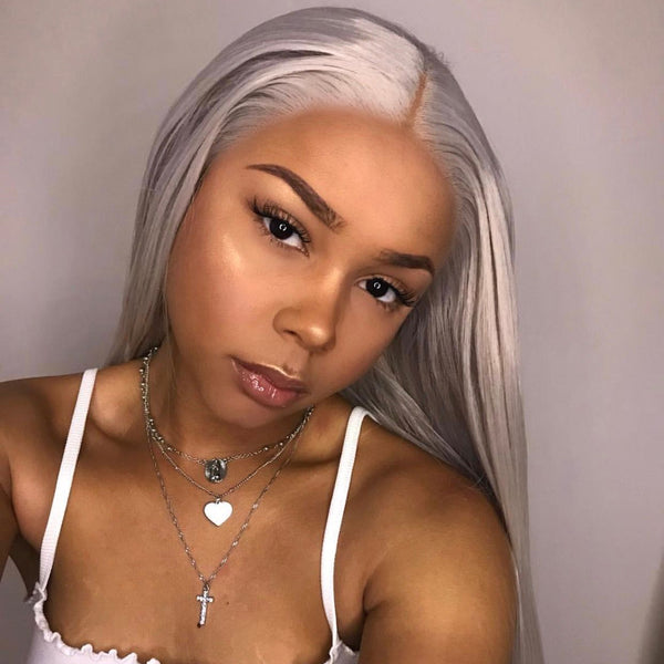 Peruvian Hair Silver Color Straight Long Lace Front Wig
