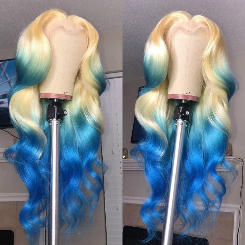 Peruvian Hair Blond With Sky Blue Body Wavy Lace Front Wig