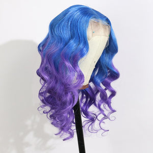 Peruvian Hair Gradient Color Blue Purple Body Wavy Lace Front Wig
