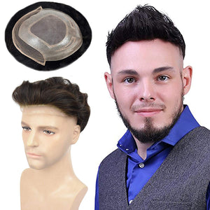 European Virgin Human Hair Man Toupee Fine Mono Top With PU Skin Around Lace Front On Rite