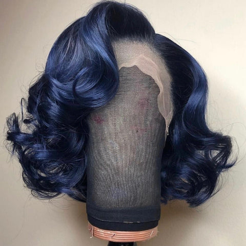 Peruvian Hair Indigo Blue Color with Black Root Body Wavy Lace Front Wig
