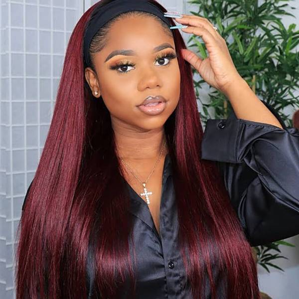 Burgundy with Black Root Color Straight Headband Wig