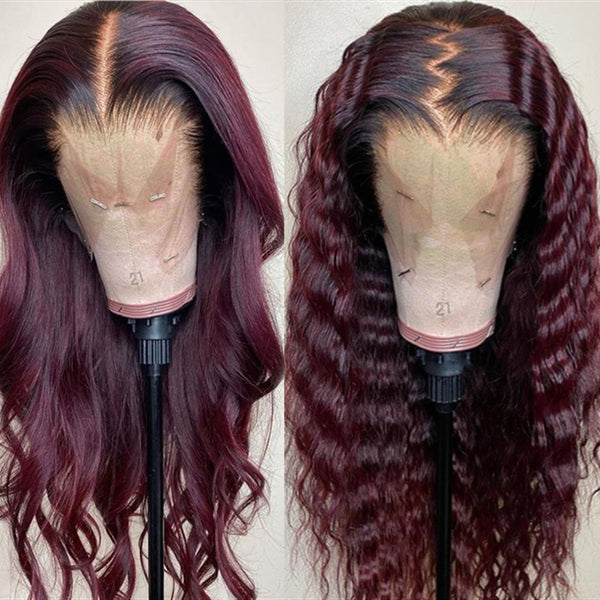 Peruvian Hair Burgundy with Black Root Color Wavy Lace Front Wig