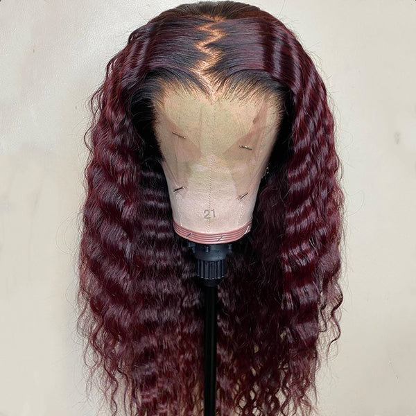 Burgundy with Black Root Color deepWavy Lace Front Wig