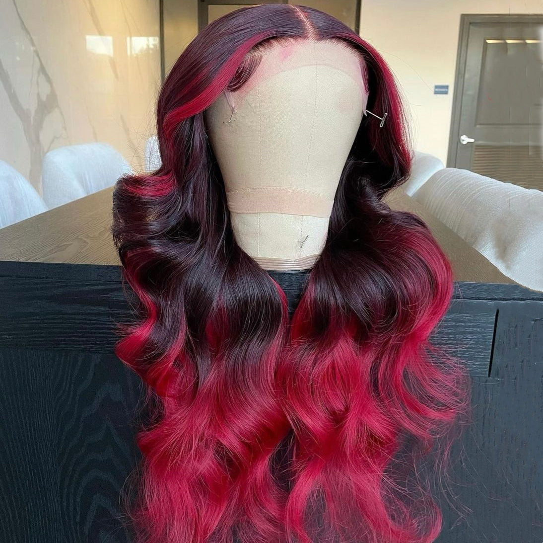 Dark & Light Burgundy Gradient Color Human Hair Highlights Body Wave Lace Front Wig