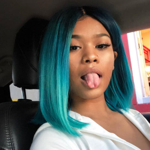 Peruvian Hair Blue With Black Root Color Straight Lace Front Bob Wig