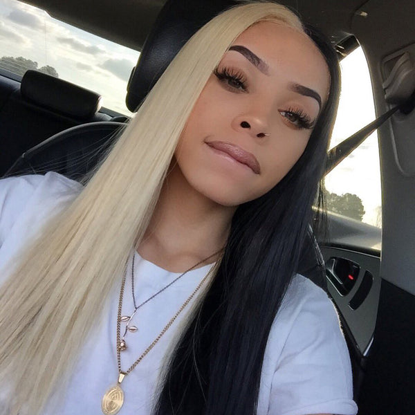 Peruvian Hair Half Blond And Half Black Color Straight Lace Front Wig